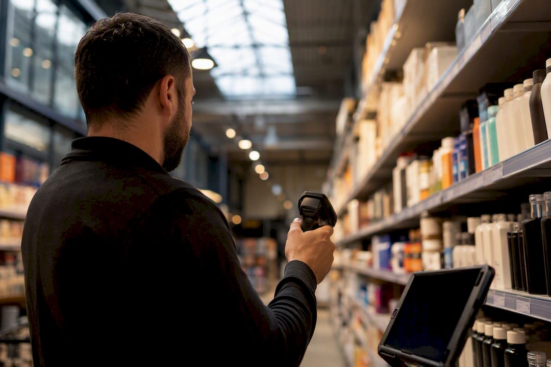 Hand scanning barcode on retail shelf
