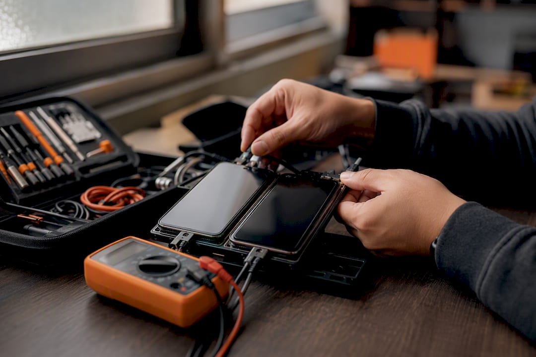 Hands connecting smartphones for hardware testing