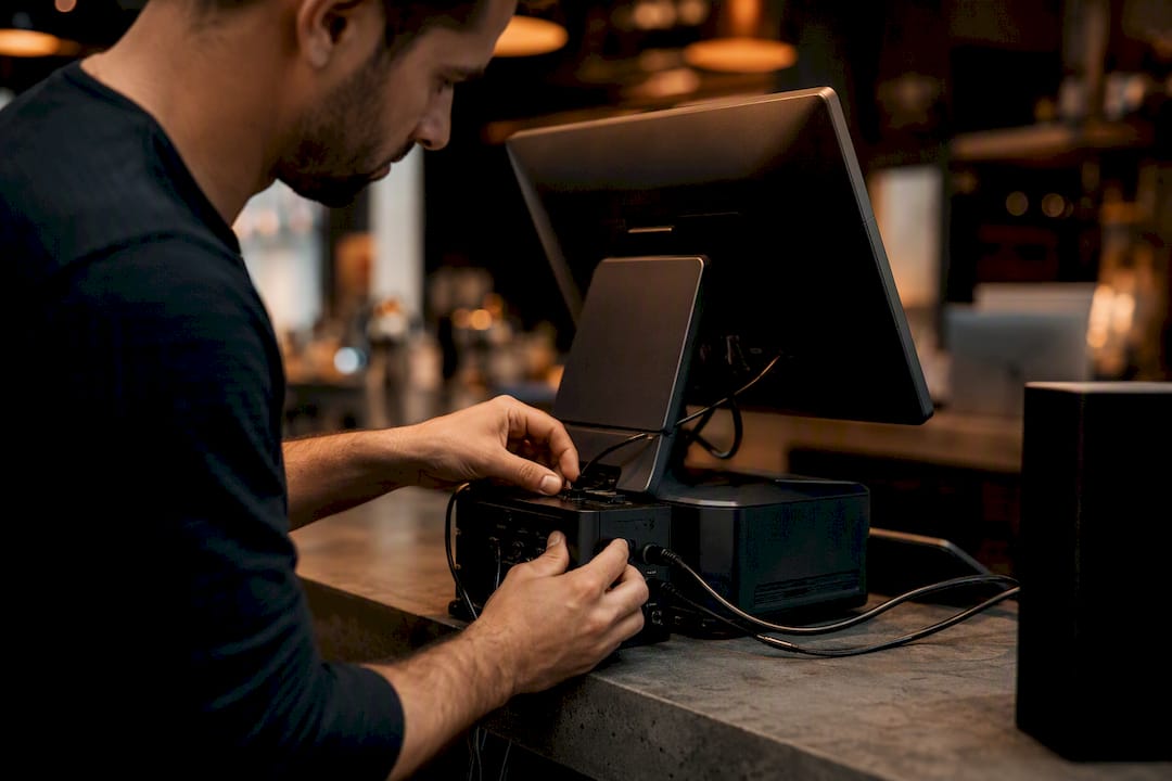 Hands customizing POS hardware close-up