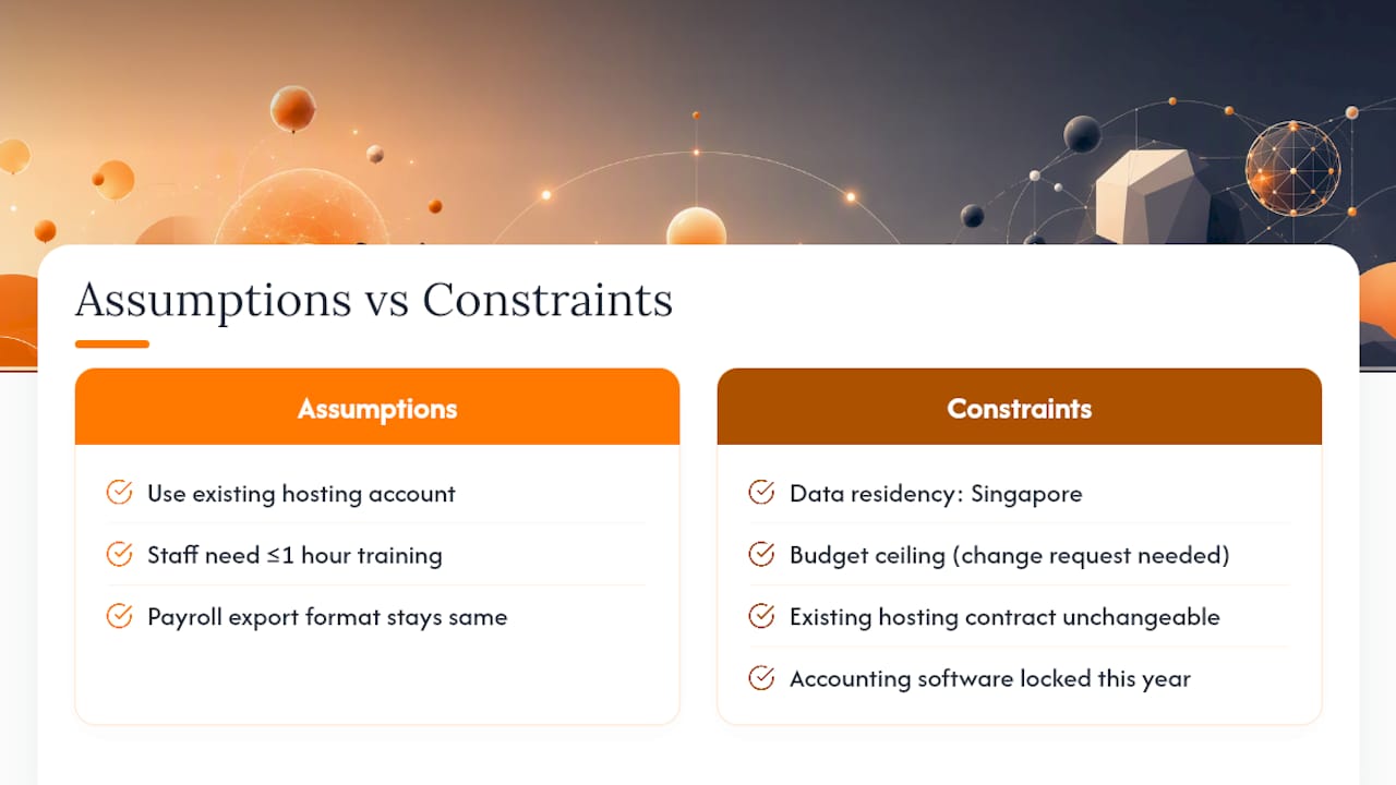 Assumptions versus constraints in a software brief