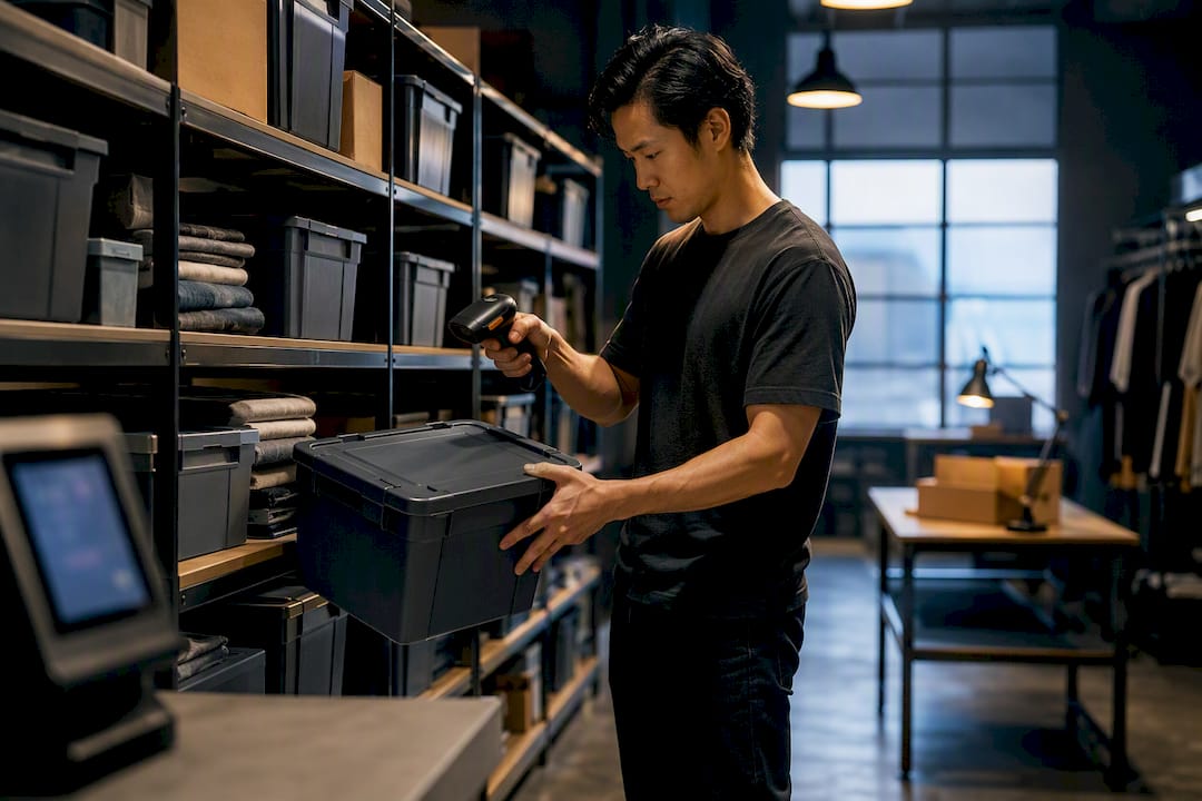 Worker scanning inventory in organized stockroom