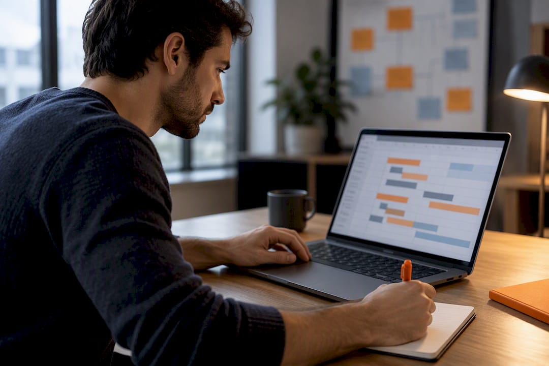 Manager auditing spreadsheet process bottlenecks