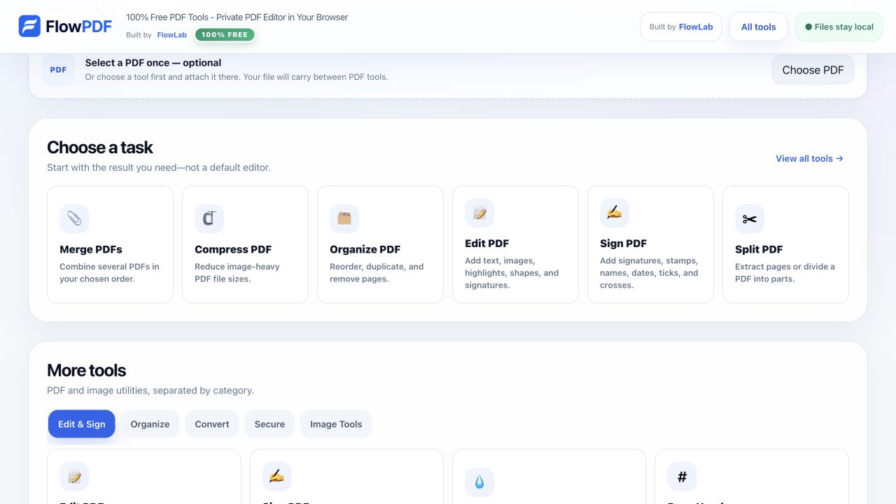 FlowPDF interface with task cards for merging, compressing, organising, editing, signing and splitting PDFs